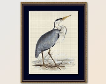May include: A framed illustration of a grey heron standing on one leg with its head turned to the side. The heron is depicted in a realistic style with detailed feathers and a long, slender beak.