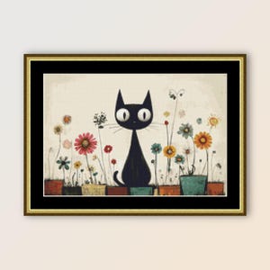 May include: A black cat with big eyes sits in a garden with colorful flowers. The cat is surrounded by green plants and potted flowers in various colors.