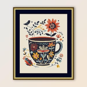 May include: A black and white floral patterned teacup with a red, orange, and yellow flower arrangement inside. The cup has a handle and is surrounded by green leaves and a small bird.