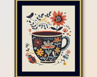 Folk Art Teacup Floral Cross Stitch Pattern (Digital Download)