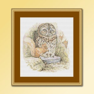 May include: A brown and gray owl with yellow eyes sits in a nest of twigs and leaves. Two small brown and white animals are visible in the background.