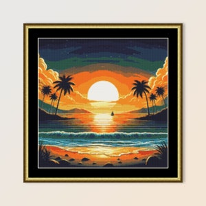 Tropical Sunset Cross Stitch Pattern, Instant Digital Download, Printable PDF Abstract Landscape Chart (031)