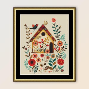 Volkskunst Vogelhaus Kreuzstichmuster, sofortiger digitaler Download, druckbare abstrakte PDF-Blumenkarte (219)