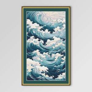 Motif de point de croix paysage marin, « Vagues », téléchargement numérique instantané, PDF imprimable, carte maritime (109)