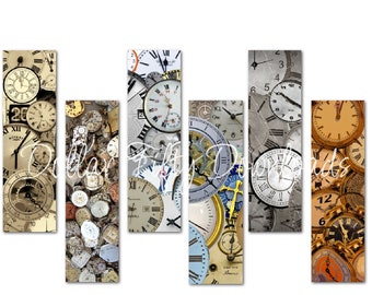 Puede incluir: Un conjunto de cinco impresiones enmarcadas que presentan un collage de relojes vintage con caras de números romanos. Los relojes están dispuestos en un patrón vertical con una variedad de colores y diseños.