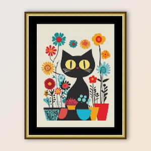 Kitty Cat & bloempotten kruissteekpatroon, instant digitale download volkskunst, afdrukbare primitieve abstracte pdf bloemenkaart (353)