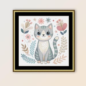 Folk Art Kitten Cross Stitch Pattern, Instant Digital Download, Printable Primitive Abstract PDF Floral Chart  (464)