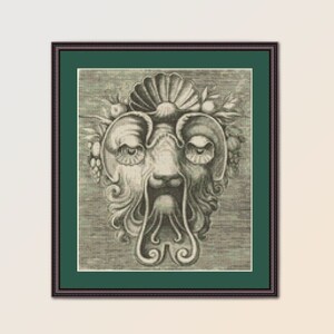 May include: A black and white illustration of a grotesque face with a shell on its head and foliage around it. The face is framed in a dark green frame.