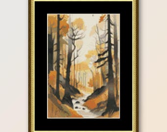 May include: A painting of a forest path in autumn. The trees are mostly bare, but some have yellow and orange leaves. The path is lined with fallen leaves and leads to a small stream.