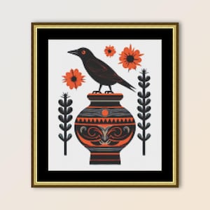 Padrão de ponto cruz de pássaro de arte popular no jardim, download digital instantâneo, PDF para impressão, gráfico botânico abstrato (575)