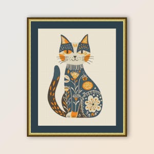 Folk Art Kitty Cat Cross Stitch Pattern, Instant Digital Download, Printable Primitive Abstract PDF Chart (196)