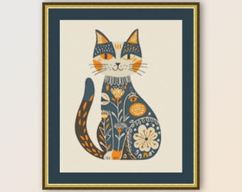 Folk Art Kitty Cat Cross Stitch Pattern: Primitive Abstract xStitch Chart (PDF Download)  #196