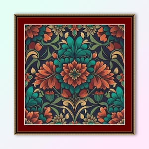 May include: A framed floral pattern in a square format. The design features symmetrical arrangements of orange, teal, and gold flowers and leaves against a dark blue background. The frame is a deep red with a gold inner border, creating a decorative wall art piece.