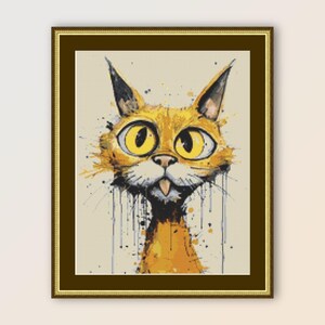 Startled Cat Cross Stitch Pattern, Instant Digital Download, Printable Whimsical Animal Chart  (216)
