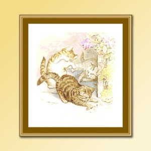 May include: A watercolor painting of three kittens playing near a flower pot. The kittens are brown and white with stripes. The flower pot is brown and has green vines growing up the side.
