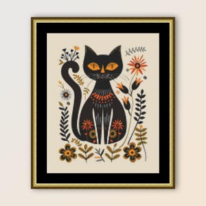 Folk Art Black Cat Cross Stitch Pattern, Instant Digital Download, Printable Primitive Abstract PDF Chart (028)