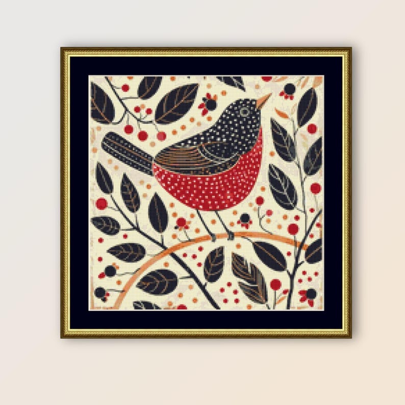 May include: A red and black bird with white polka dots sits on a branch with black leaves and red berries. The background is a cream color.