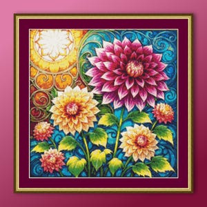 Dahlia Garden Filigree Cross Stitch Pattern, Instant Digital Download, Printable PDF Floral Chart  (105)