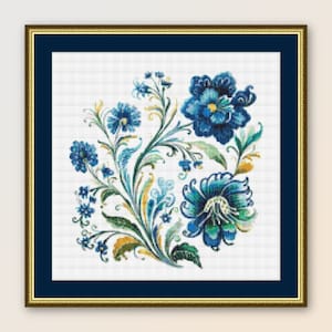 Padrão de ponto cruz de azulejo floral azul, download digital instantâneo, gráfico PDF botânico para impressão (131)