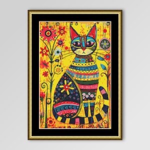 Volkskunst kat kruissteekpatroon, instant digitale download, afdrukbare pdf abstracte primitieve bloemen dierenkaart (047)