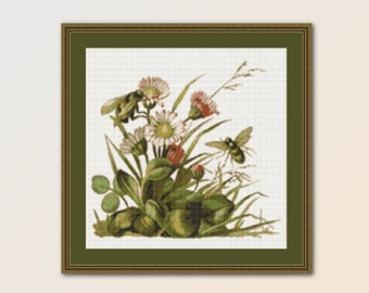 Bees and Flowers Cross Stitch Pattern, Instant Download, Printable Floral Chart (724)