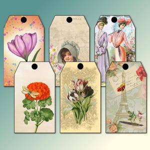 Zes afdrukbare bloementags voor ongewenste tijdschriften, kunstdagboeken, scrapbooking, kaarten, geschenken, jpg en pdf, ephemera directe digitale download (T013)
