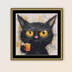 Frazzled Cat kruissteekpatroon, "I Need Coffee!", Instant digitale download keukendecor, afdrukbare grillige dierenkaart (429)