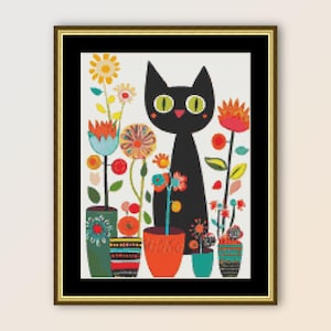 Kitty Cat & Flower Pots #4 Cross Stitch Pattern, Instant Digital Download Folk Art, Printable Primitive Abstract PDF Floral Chart  (356)