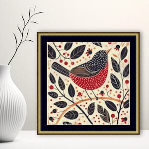 May include: A framed illustration of a red and black bird perched on a branch with black leaves and red berries. The background is a cream color with a black border.