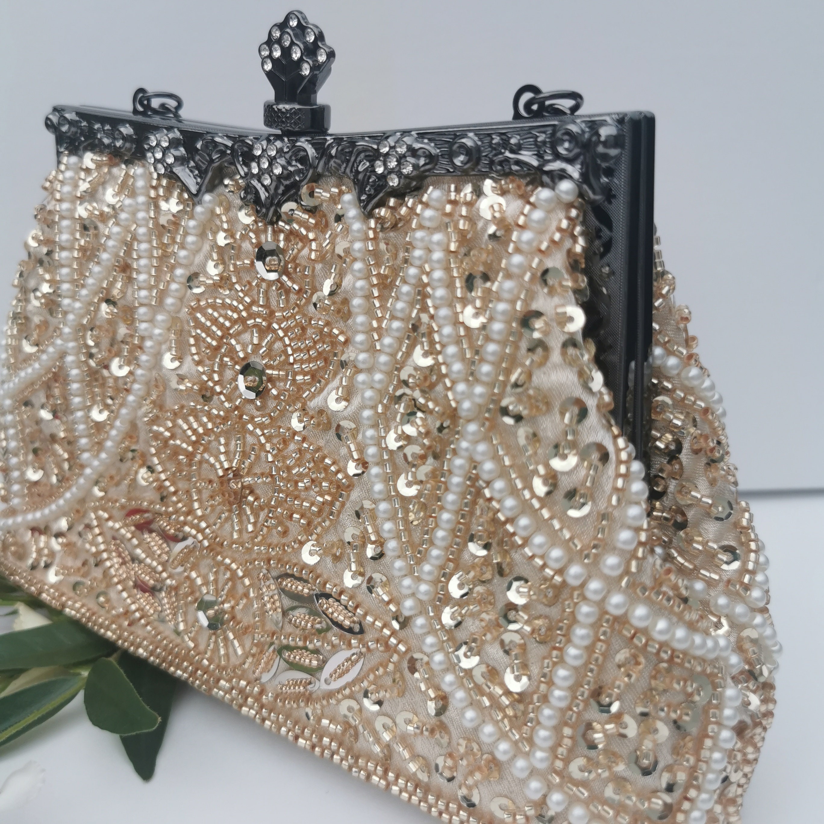 Vintage Beaded Pearl Clutch Bag, Bridal Wedding Purse, Detachable Chain Vintage Beaded Pearl Clutch Bag, Bridal Wedding Purse, Detachable Chain