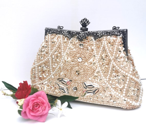 Vintage Beaded Pearl Clutch Bag, Bridal Wedding Purse, Detachable Chain