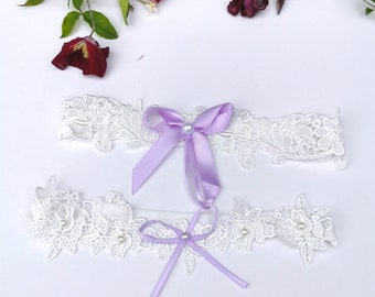 Bridal garter set, off white and lilac garter, Wedding garter, Handmade garter, One size Wedding Garter, Off white Lace Garter, Toss Garter