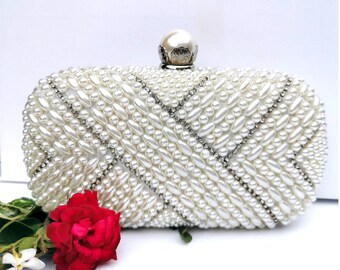 Ivory Pearl Bridal Clutch Bag with Silver Chain Strap