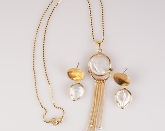 Pearl Jewelry Set/ Handmade Jewelry Set/ Gold Plated Jewelry / Handmade Jewelry/ Natural Stone Jewelry / Earrings And Necklace Set