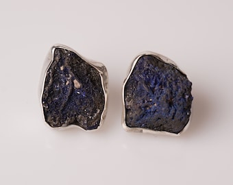 Azurite Stone Silver Earrings/Raw Azurite Earrings/Handmade Silver Earrings/Blue Earrings/Silver Screw Earrings/Raw Azurite Stone Earrings