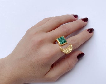 Mond Ring/vergoldeter Türkis Ring/handgefertigter Ring/Malachit Ring/vergoldeter Ring/Messing auf vergoldet/Manschettenring handgemacht/Messingdrahtring