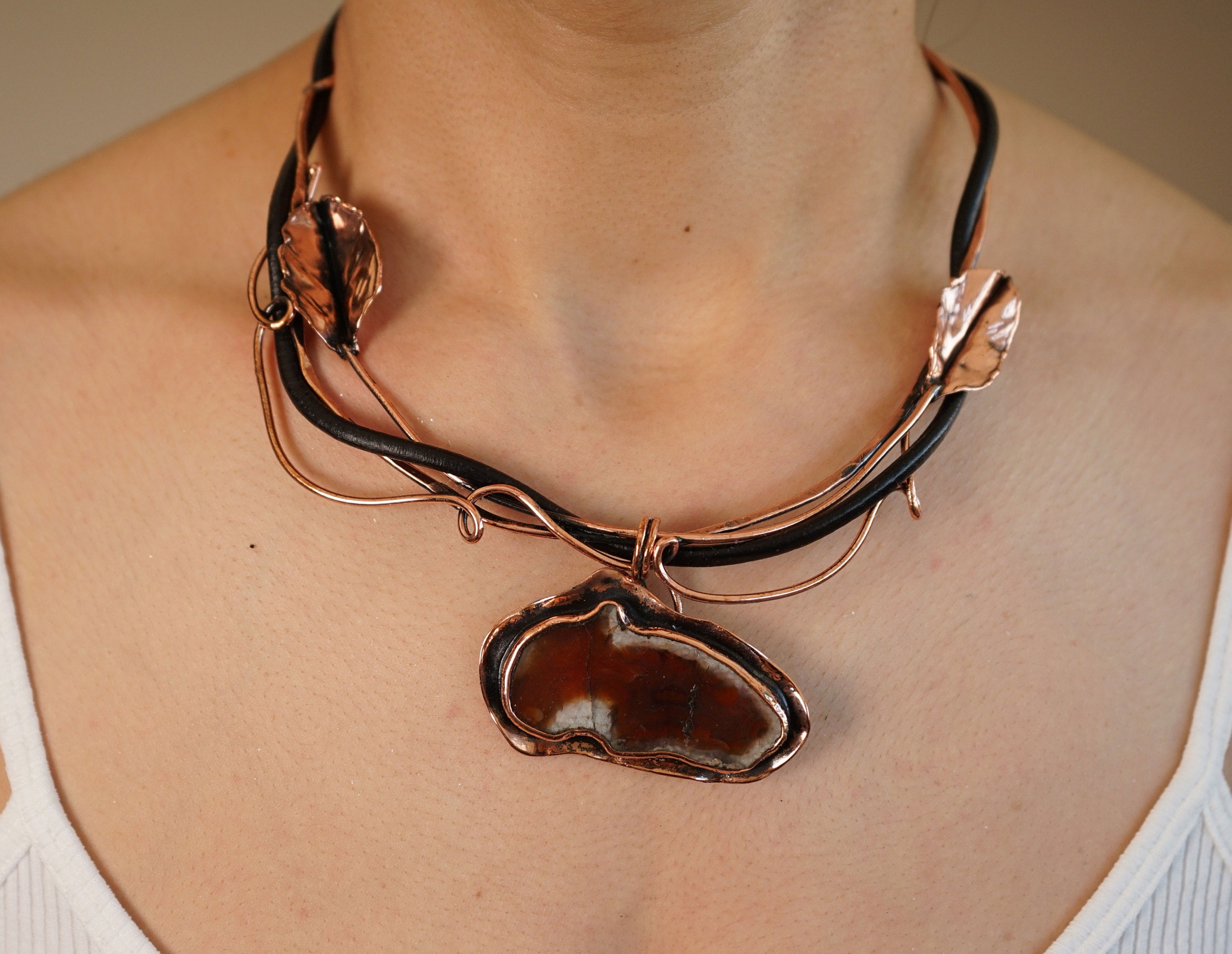 Agate Stone Copper Choker/Wire Wrap Copper Choker/Copper Jewelry/Agate Jewelry/Handmade WireCopper Collar Necklace/Copper AndLeather Jewelry