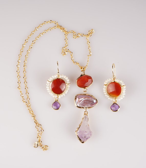 Necklace And Earring Set/ Handmade Set/ Agate And Amethyst Stone/Necklace /Earrings /Pearl Necklace /Gold Plated Set/ Handmade Jewelry Set
