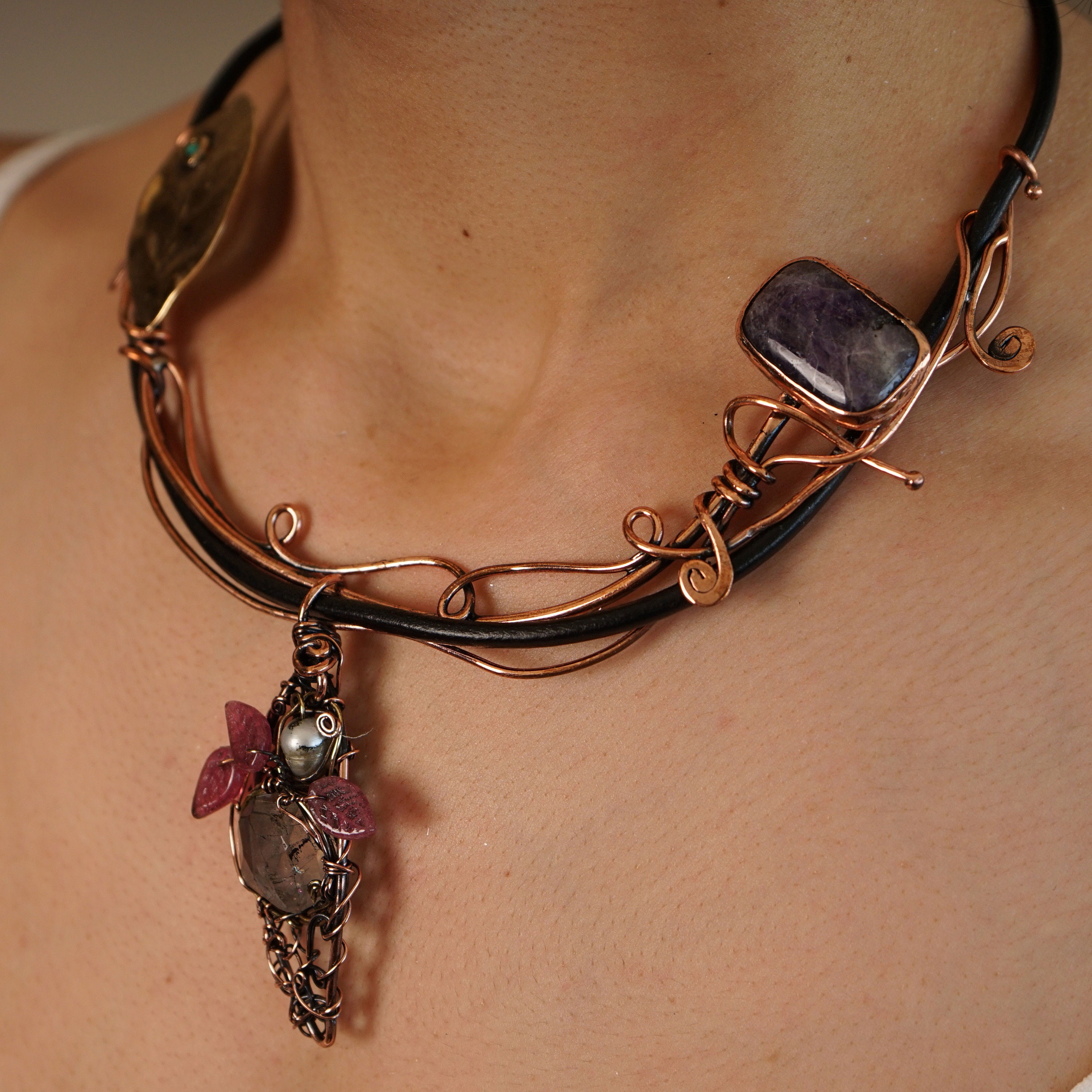Copper Necklace/unique Copper Art Jewelry/copper Collar Necklace/pink