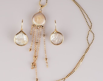 Pearl Jewelry Set/ Handmade Jewelry Set/ Gold Plated Jewelry / Handmade Jewelry/ Natural Stone Jewelry / Earrings And Necklace Set
