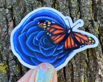 Flower, Rose, Blue | Monarch, Butterfly | Art By Alycia, Drawing, Vinyl, Laptop, Mug, Sticker, Decal, Waterproof, Galentines gifts