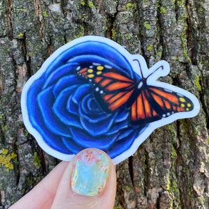 Flower, Rose, Blue | Monarch, Butterfly | Art By Alycia, Drawing, Vinyl, Laptop, Mug, Sticker, Decal, Waterproof, Galentines gifts
