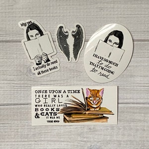 Cadeaux pour les amateurs de livres, Autocollants en vinyle imperméables, Jeu d'autocollants, Paquet de quatre, Cadeau rat de bibliothèque, Cadeaux pour les lecteurs, Lecture, Livre, Cadeau, Chats, Bibliothécaire