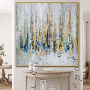 Ingelijst groot abstract schilderij: moderne canvaskunst bladgoud
