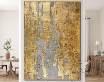 Extra Large Gold Leaf Abstract Art: Original Framed Canvas