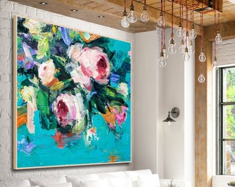 Floral Abstract Painting Framed Original Abstract Canvas Painting, Modern Oversize Canvas, Contemporary Wall Art, Large Abstract Flower Art