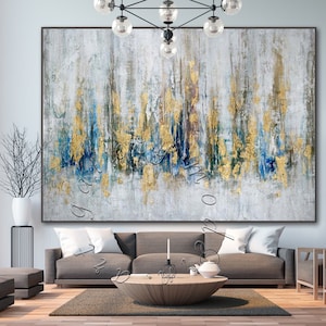 Ingelijst abstract schilderij: grote originele canvaskunst bladgoud