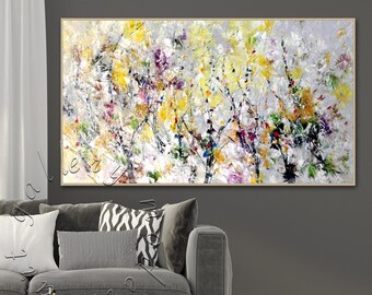 Framed Abstract Floral Painting: Large Modern Canvas Wall Art