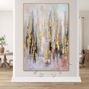 Origineel abstract schilderij bladgoud: grote canvaskunst met structuur