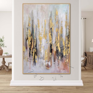 Abstract schilderij bladgoud: grote canvaskunst met structuur, ingelijst